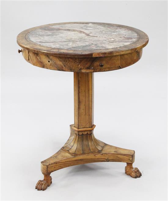 A 19th century Maltese olive wood marble top drum table, W.2ft 1.25in.